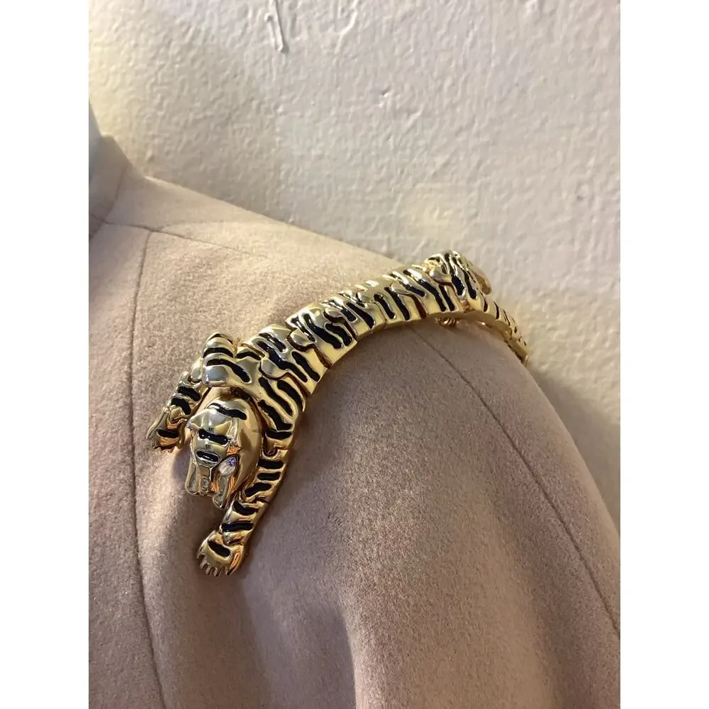 Vintage Jaguar Tiger Gold Enamel Shoulder Linked Flexible Rhinestone Brooch Rare